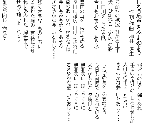 ����ߑ����ӂ܂ʂ悤
�@�@�@�쎌�E��ȁ@����@�B��

������̕�g�@�Ђ���y��
���ɂЂ����@�ӂ��̉e
�R������@�킽�镗
���������܂��Ɓ@������

�L�O�̎R���@��ɂ��߂�
�[���Ɋ��x�@�͂��܂��ꂽ
���̂�������@�����˂Ă�
�����������߂Ɓ@������
�����₩�ȍ��@���Ƃ������E�E�E

�����傫�ȁ@���̂�����
�ӂ܂ꂽ�ɂ݁@���t�ɂ悹
���ɂ��ӂꂽ�@�����܂�
���߂đz����@�Ƃǂ�

�N���������@���Ȃ�
�カ���̂قǁ@��������
��ɂ̂�قǂ́@�����킹����
�l�͂��̎�Ɂ@���ĂȂ�
�����₩�Ȗ��@���Ƃ������E�E�E

����ߑ����@�ӂ܂ʂ悤
�������͌��Ł@�݂Ƃ�Ă���
���Ƃ����߂Ɓ@�[�Ă���
���׋C�Ɂ@�͂��Ⴎ�l��
���׋C�Ɂ@�͂��Ⴎ�l��
�����₩�Ȉ��@���Ƃ������E�E�E